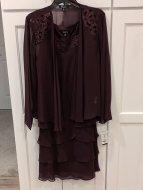 SLNY Plum Layered Chiffon Midi Dress with Matching Jacket